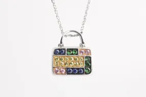 18"18k White Gold Mirabelle Multicolor Sapphire Handbag Pendant Necklace(9.80g.)