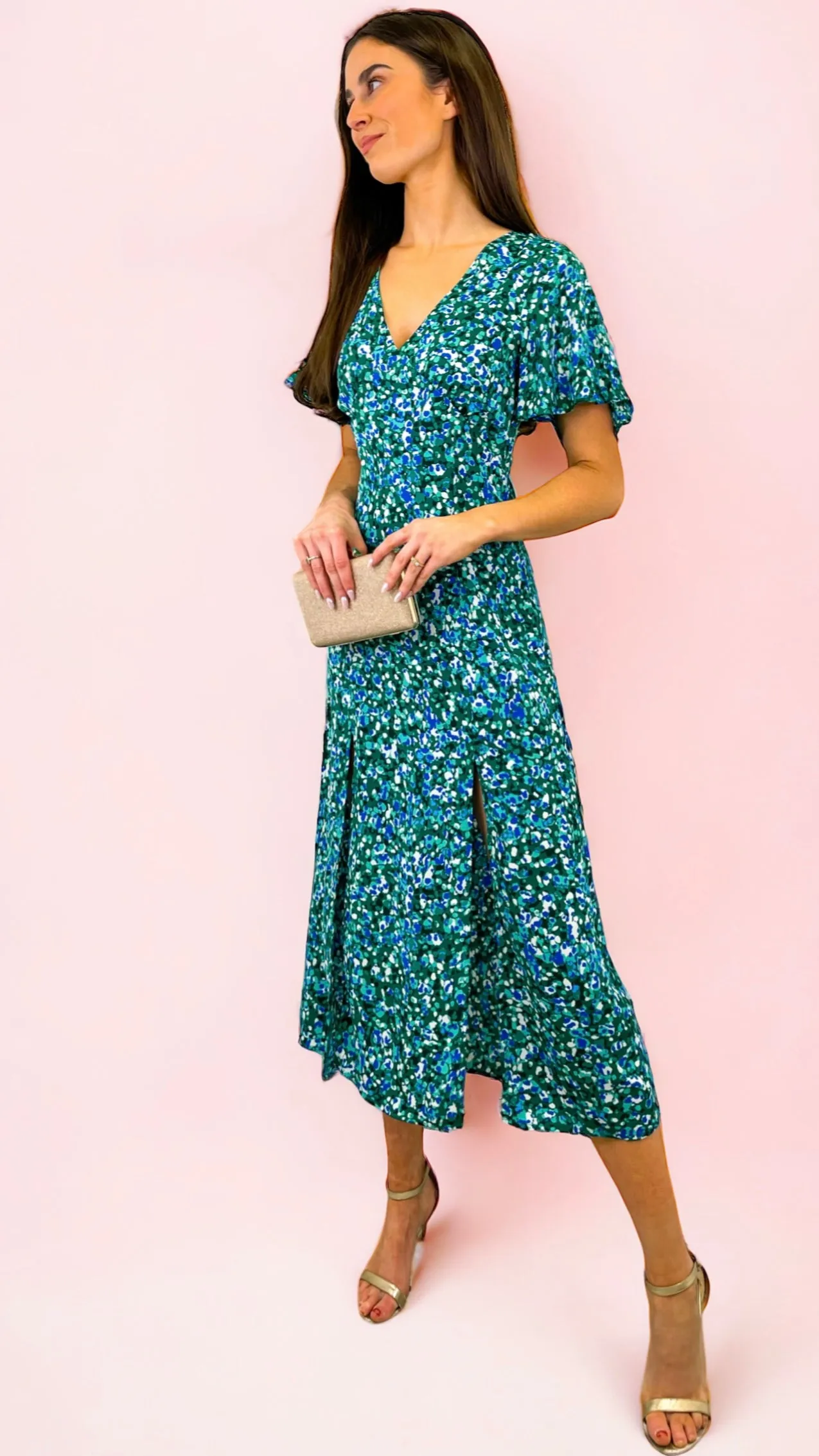 4-A1508 Levi Green Floral Split Leg Dress