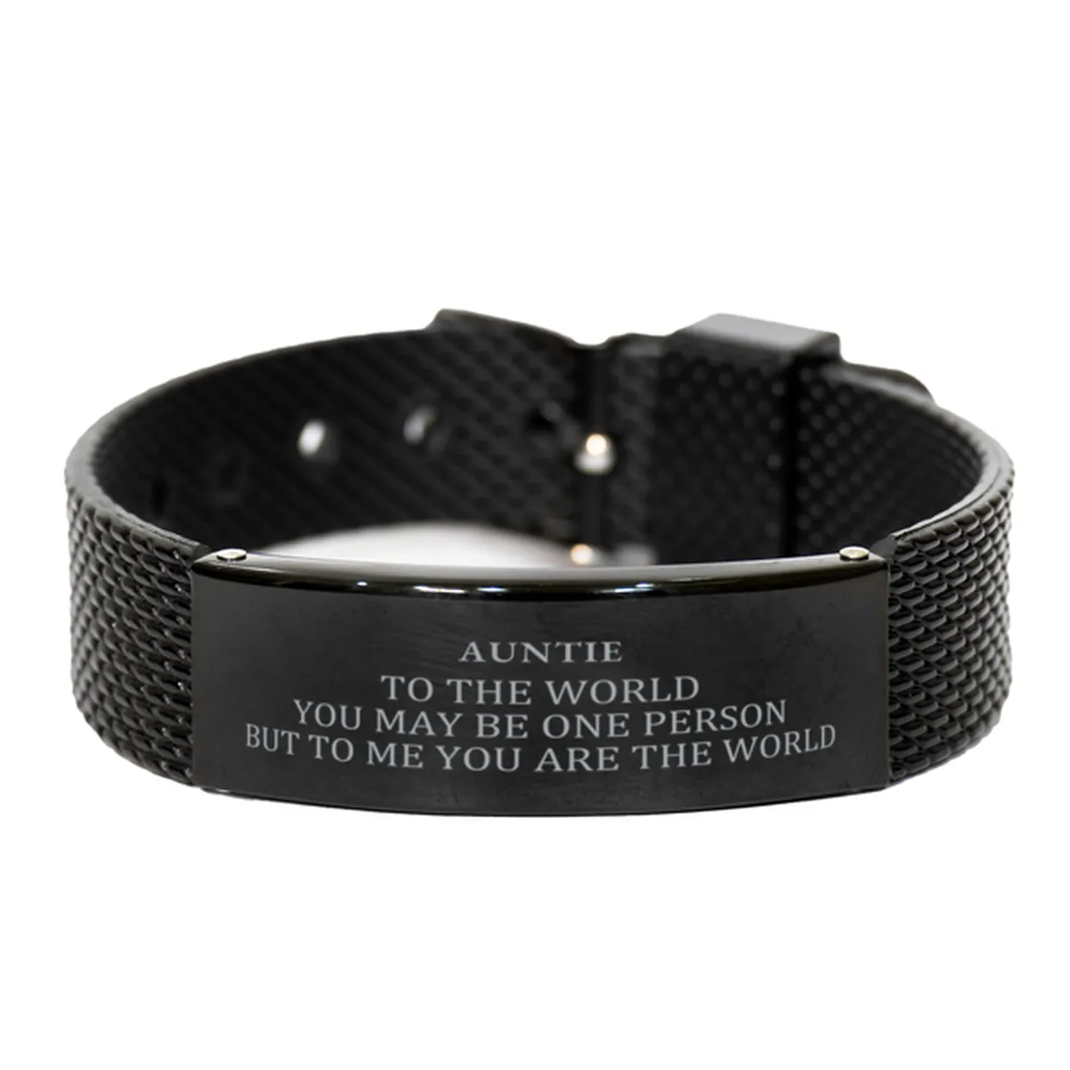 Auntie Gift. Birthday Meaningful Gifts for Auntie, To me You are the World. Standout Appreciation Gifts, Black Shark Mesh Bracelet for Auntie