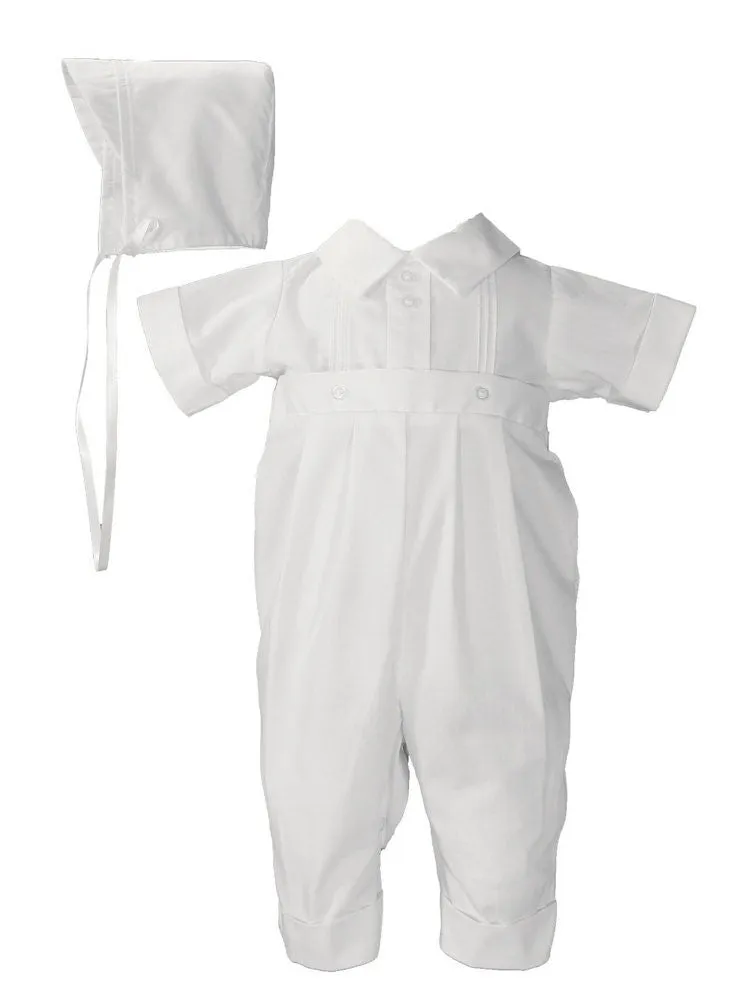 Baby Boys White Poly Cotton One Piece Pin Tucking Christening Coverall NB-24M