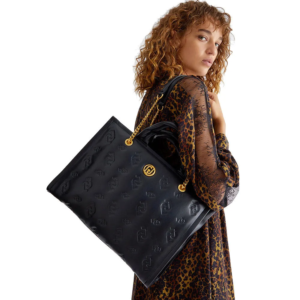 Borsa Donna a Mano e a Spalla LIU JO Ecosostenibile con Logo Embossed Nera