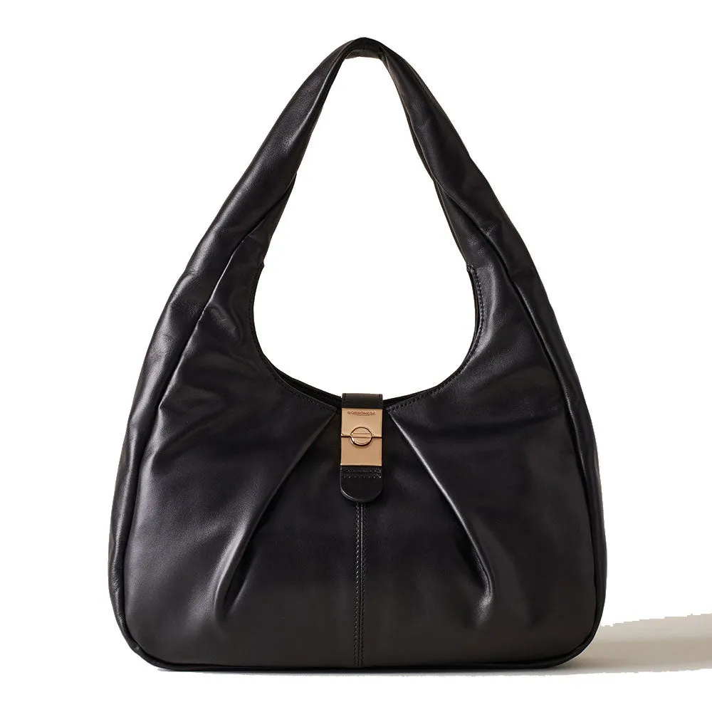 Borsa Donna Hobo Medium BORBONESE linea Cortina in Pelle di Vitello Nappato Nero