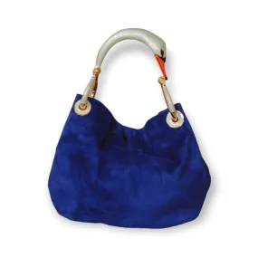 BORSA PICCOLA IN CAMOSCIO BLUE CON MANICO CIGNO