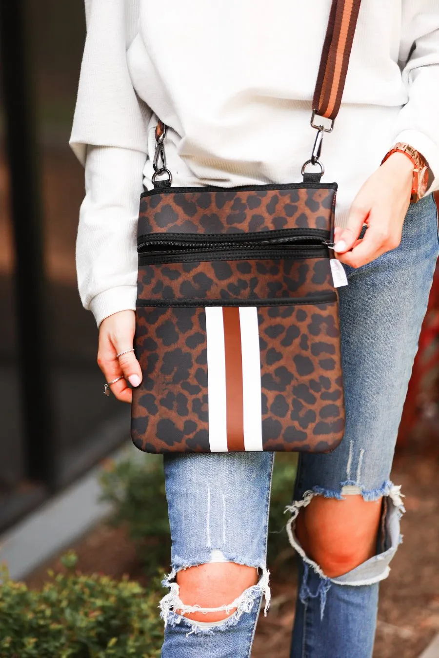 Brown Leopard Neoprene Crossbody Bag