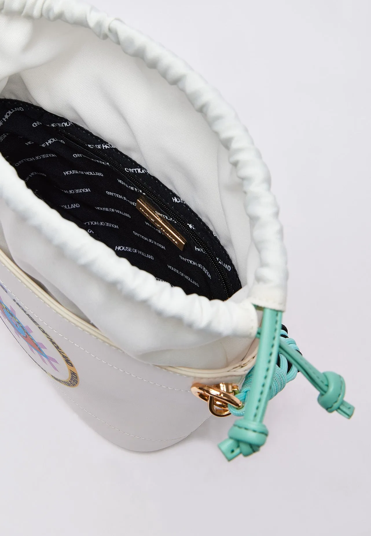 House Of Holland White Crossbody Bag with Printed Logo and Plait Handle