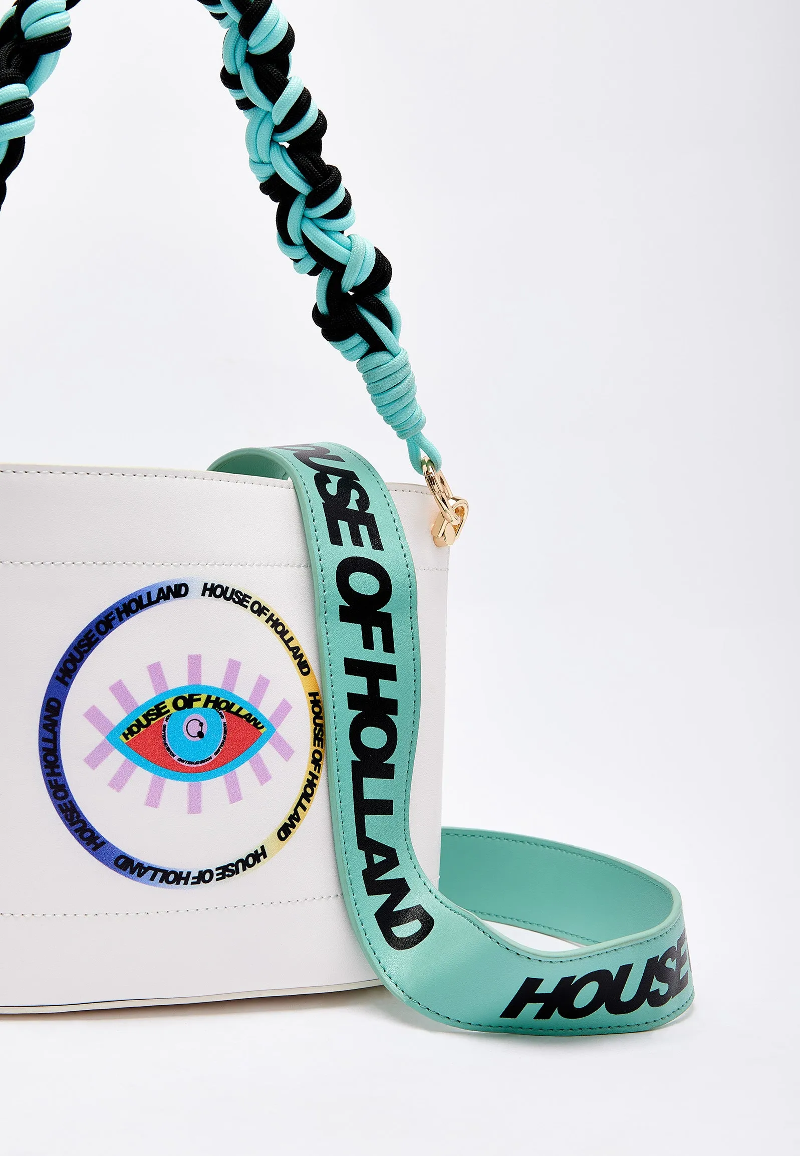 House Of Holland White Crossbody Bag with Printed Logo and Plait Handle