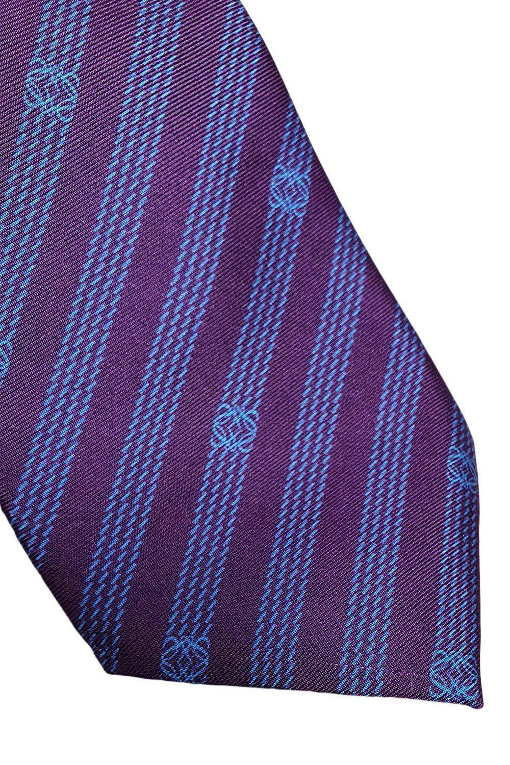 LOEWE 100% Silk Purple Tie Blue Pinstripe Logo Repeat (60 L | 3.6 W)