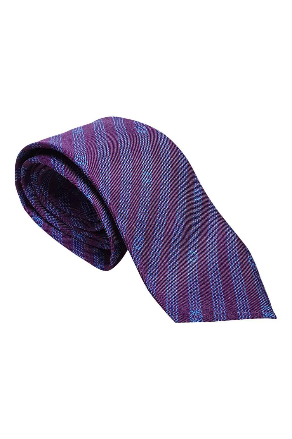 LOEWE 100% Silk Purple Tie Blue Pinstripe Logo Repeat (60 L | 3.6 W)