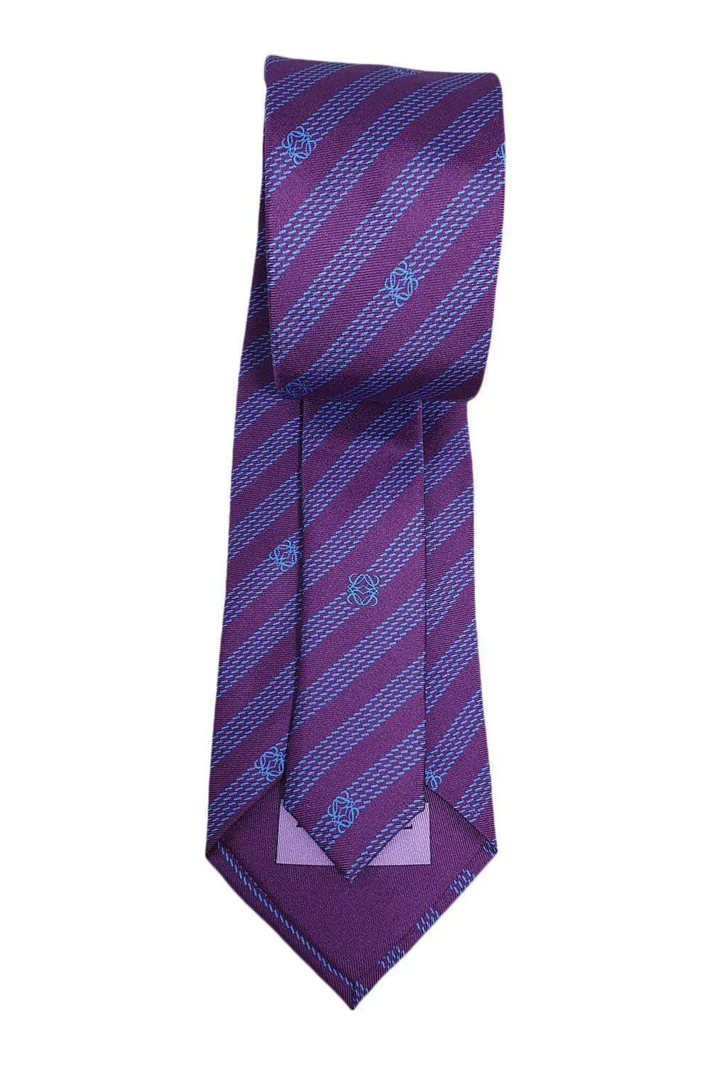 LOEWE 100% Silk Purple Tie Blue Pinstripe Logo Repeat (60" L | 3.6" W)