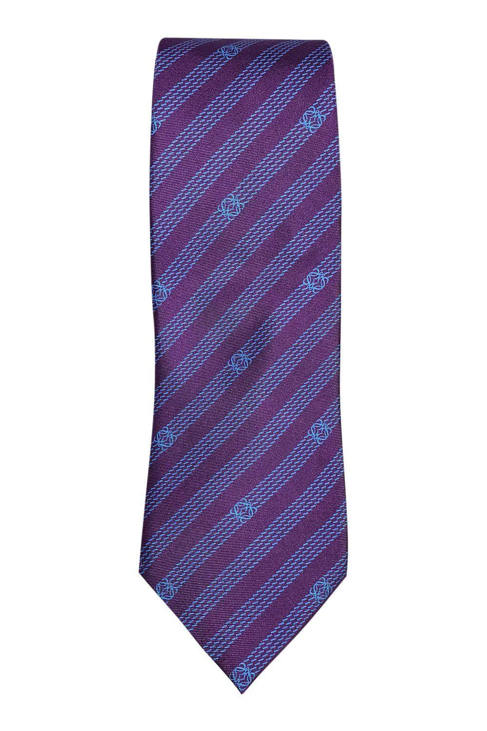 LOEWE 100% Silk Purple Tie Blue Pinstripe Logo Repeat (60" L | 3.6" W)