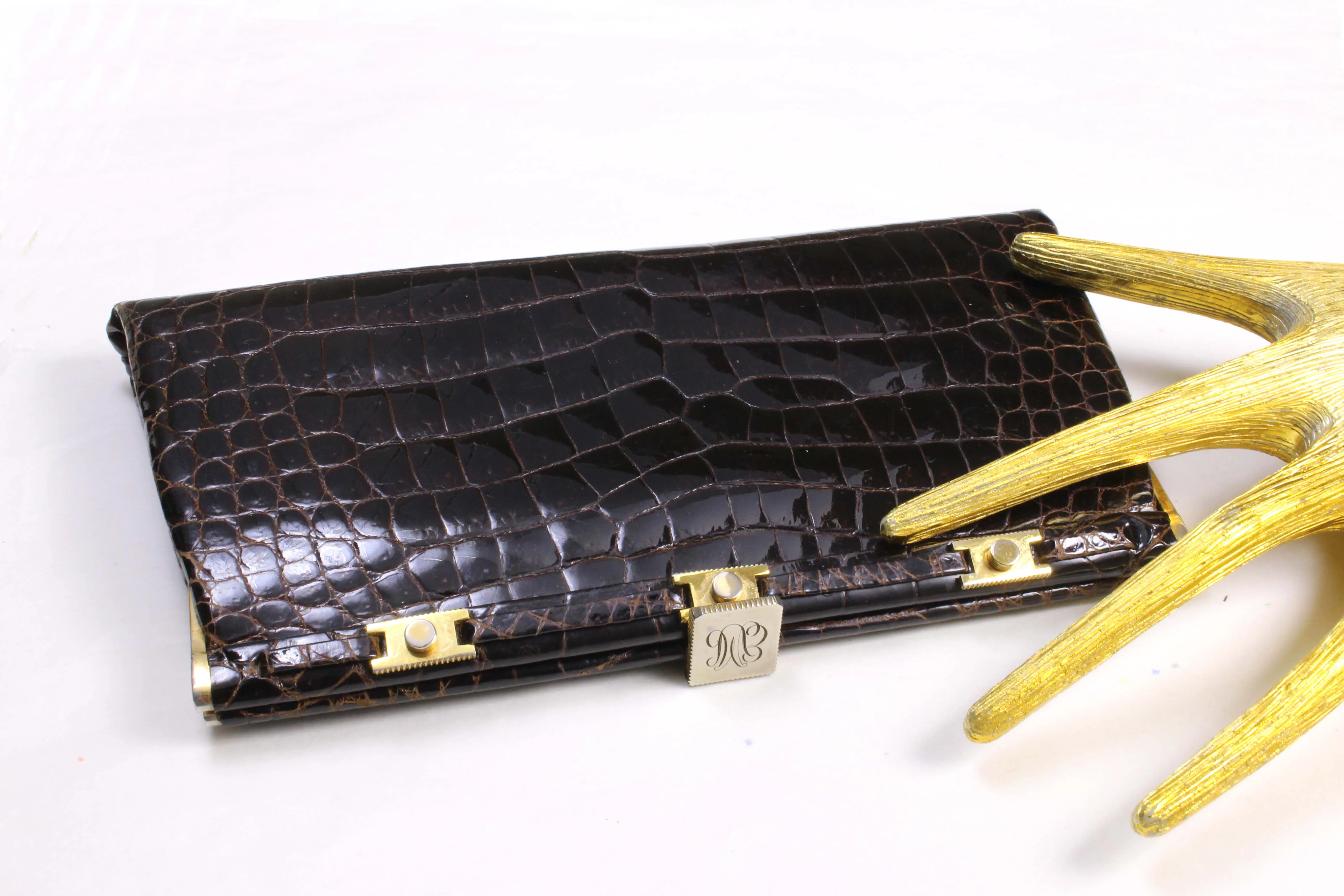 LOEWE brown crocodile skin clutch