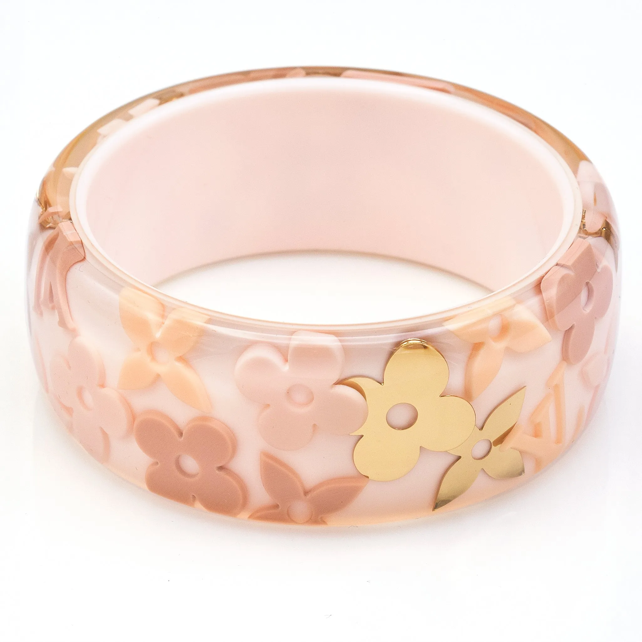 Louis Vuitton Paris Lucite Pink Gold Inclusion Wide Bangle Bracelet   Dust Bag