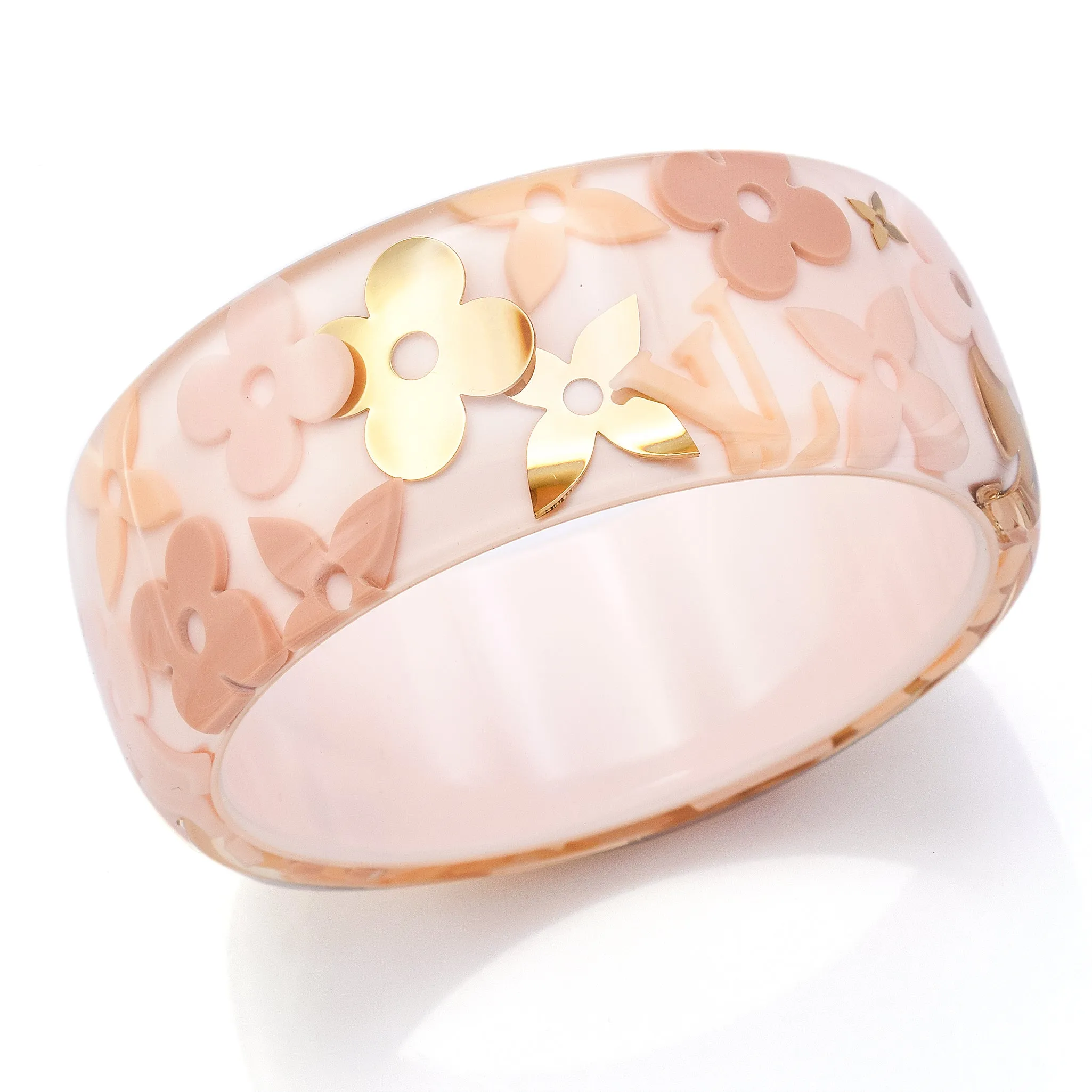 Louis Vuitton Paris Lucite Pink Gold Inclusion Wide Bangle Bracelet   Dust Bag