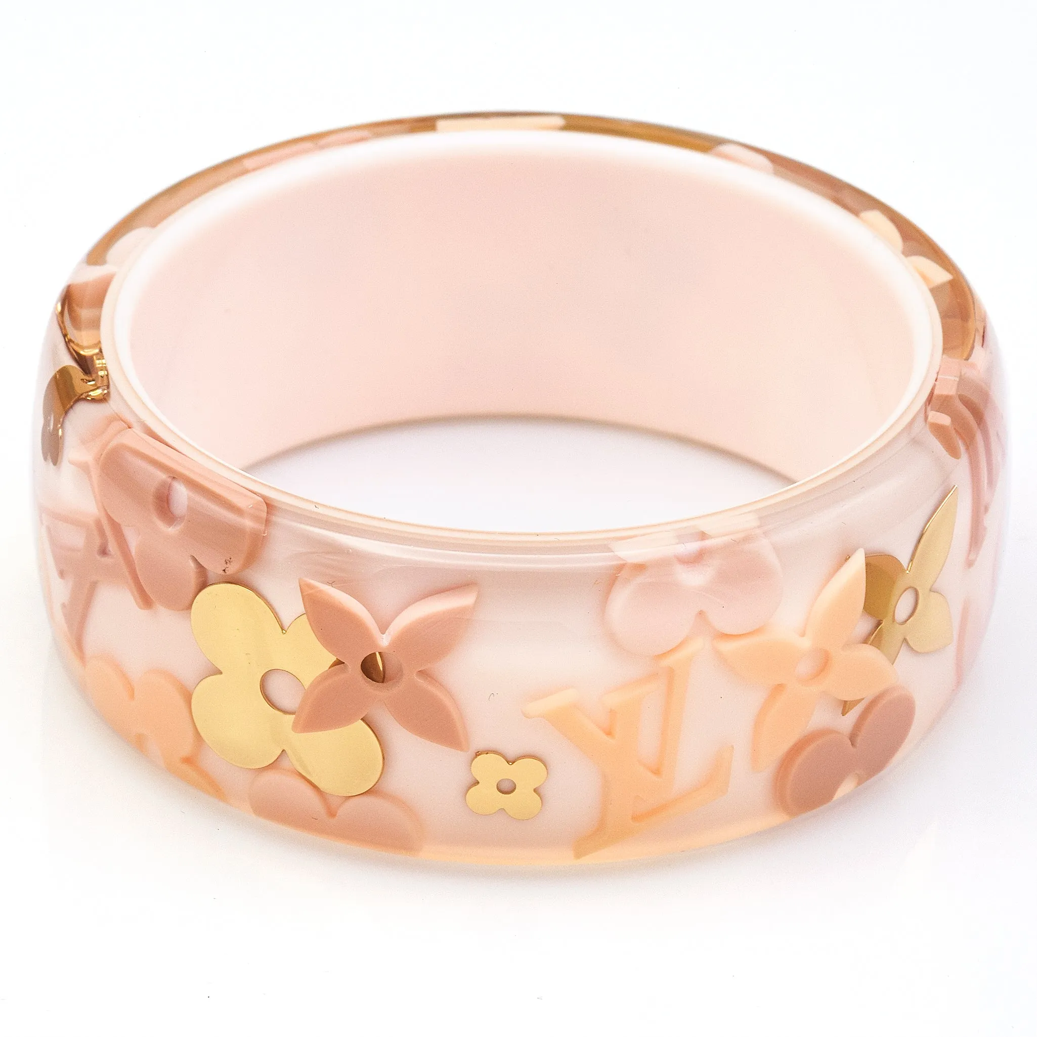 Louis Vuitton Paris Lucite Pink Gold Inclusion Wide Bangle Bracelet   Dust Bag