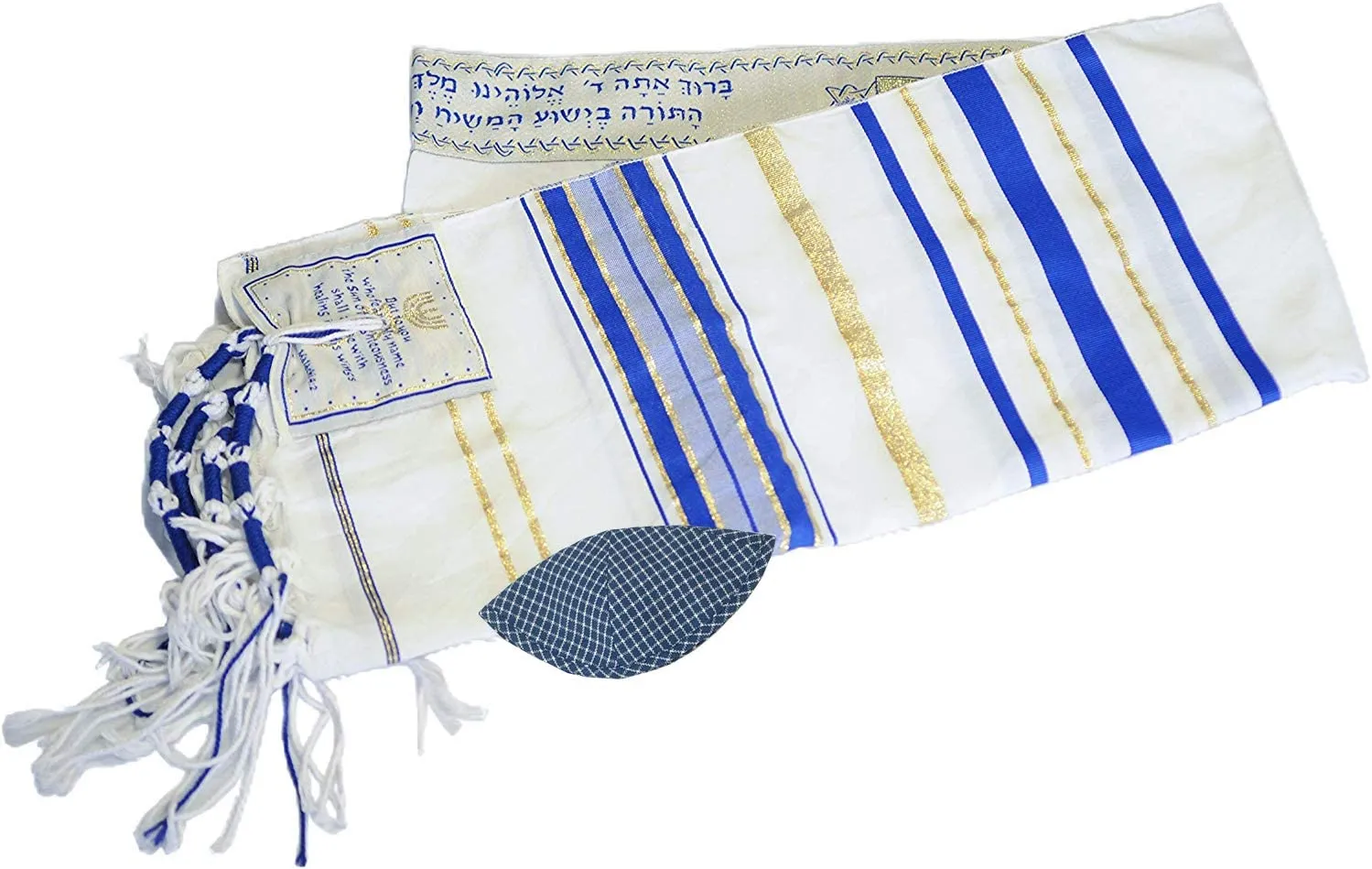 Messianic Tallit Prayer Shawl Covenant in English/Hebrew with Bag and Kippah