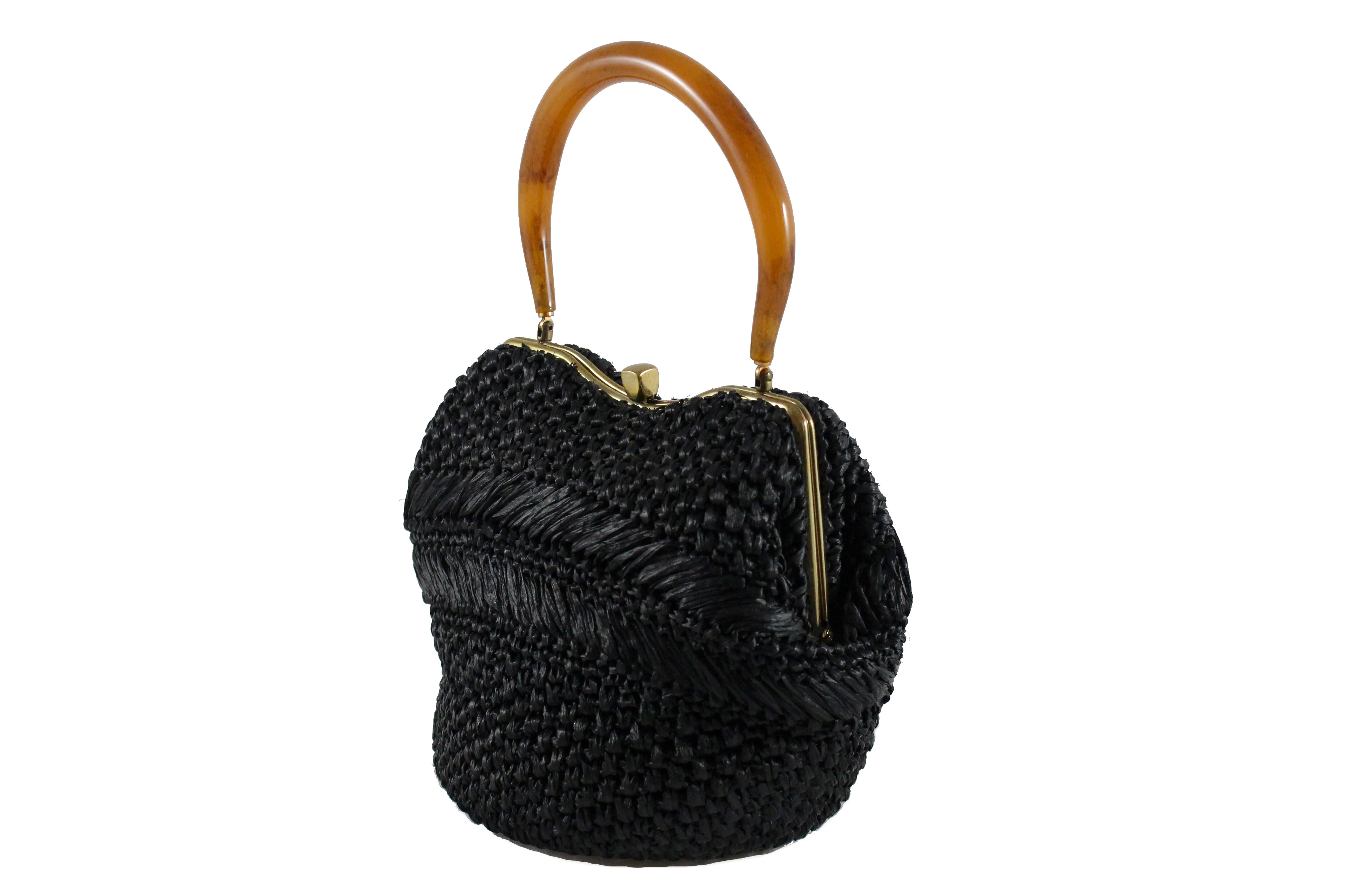 MORRIS MOSKOWITZ black raffia handbag with lucite handle