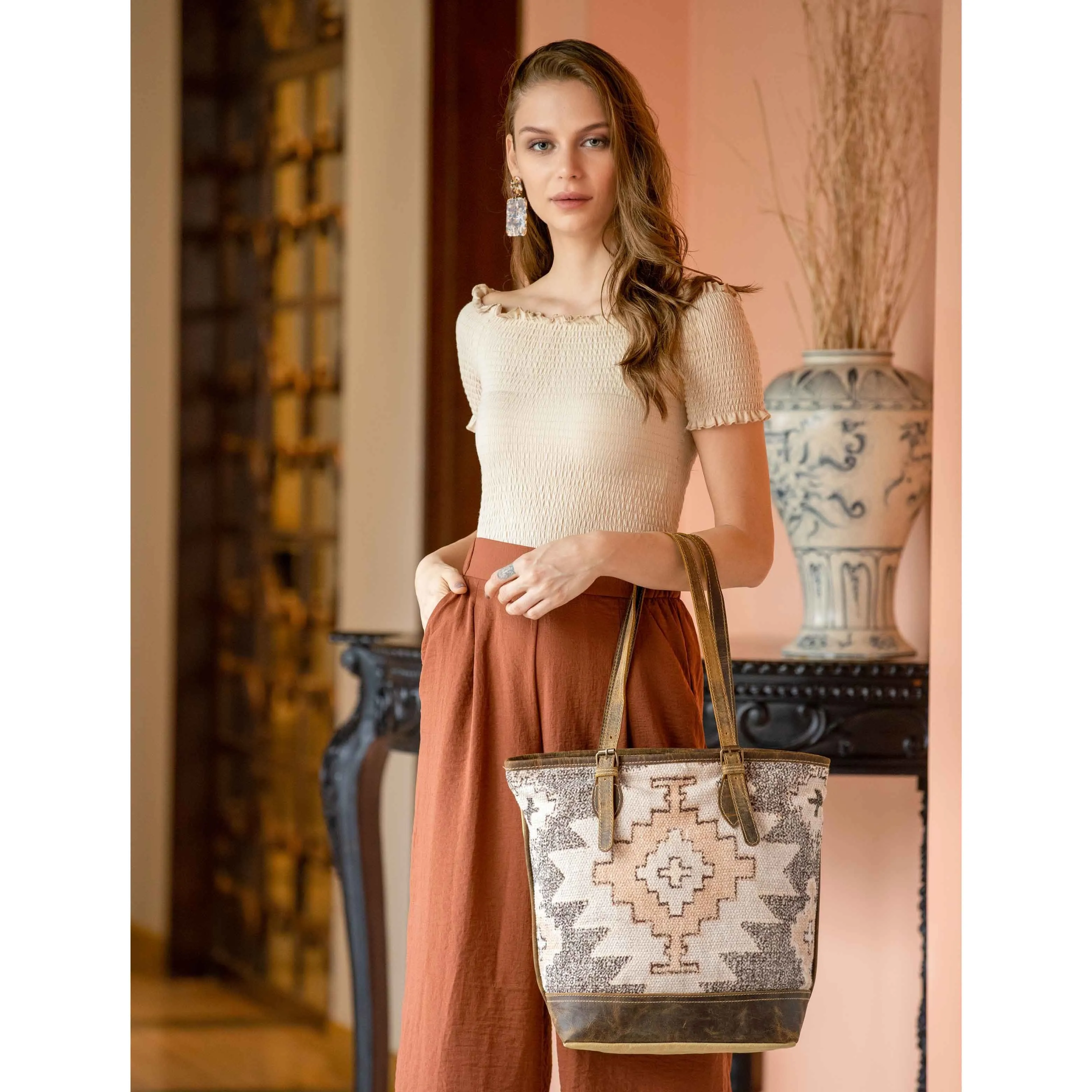 Myra Bag Neat Canvas, Rug, and Leather Tote Bag - 16" x 6" x 13.5"