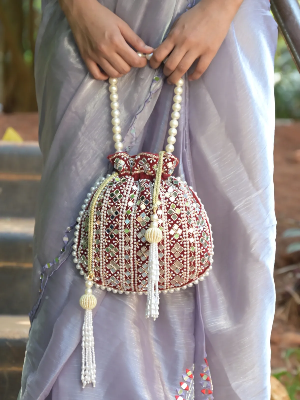 Odette Maroon Embroidered Potli Bag For Women