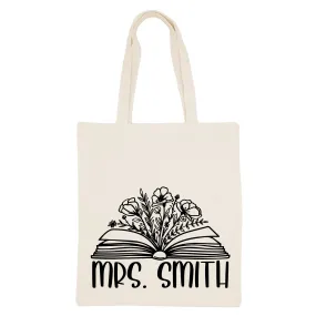 Personalized Teacher Canvas Tote Bag - Floral Book