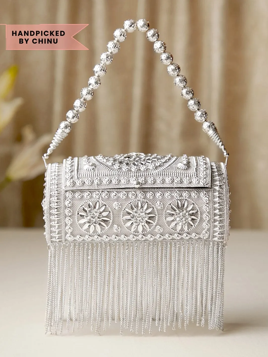 Rubans Silver Colour Bag With Embroided Silver Design.