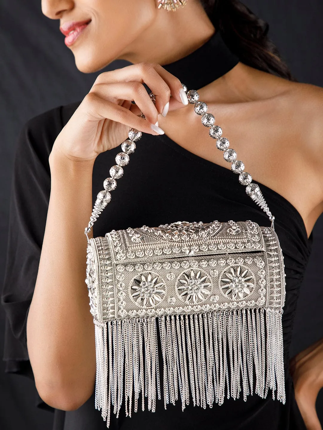 Rubans Silver Colour Bag With Embroided Silver Design.