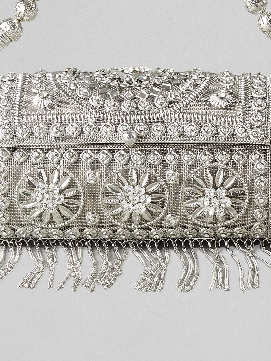 Rubans Silver Colour Bag With Embroided Silver Design.