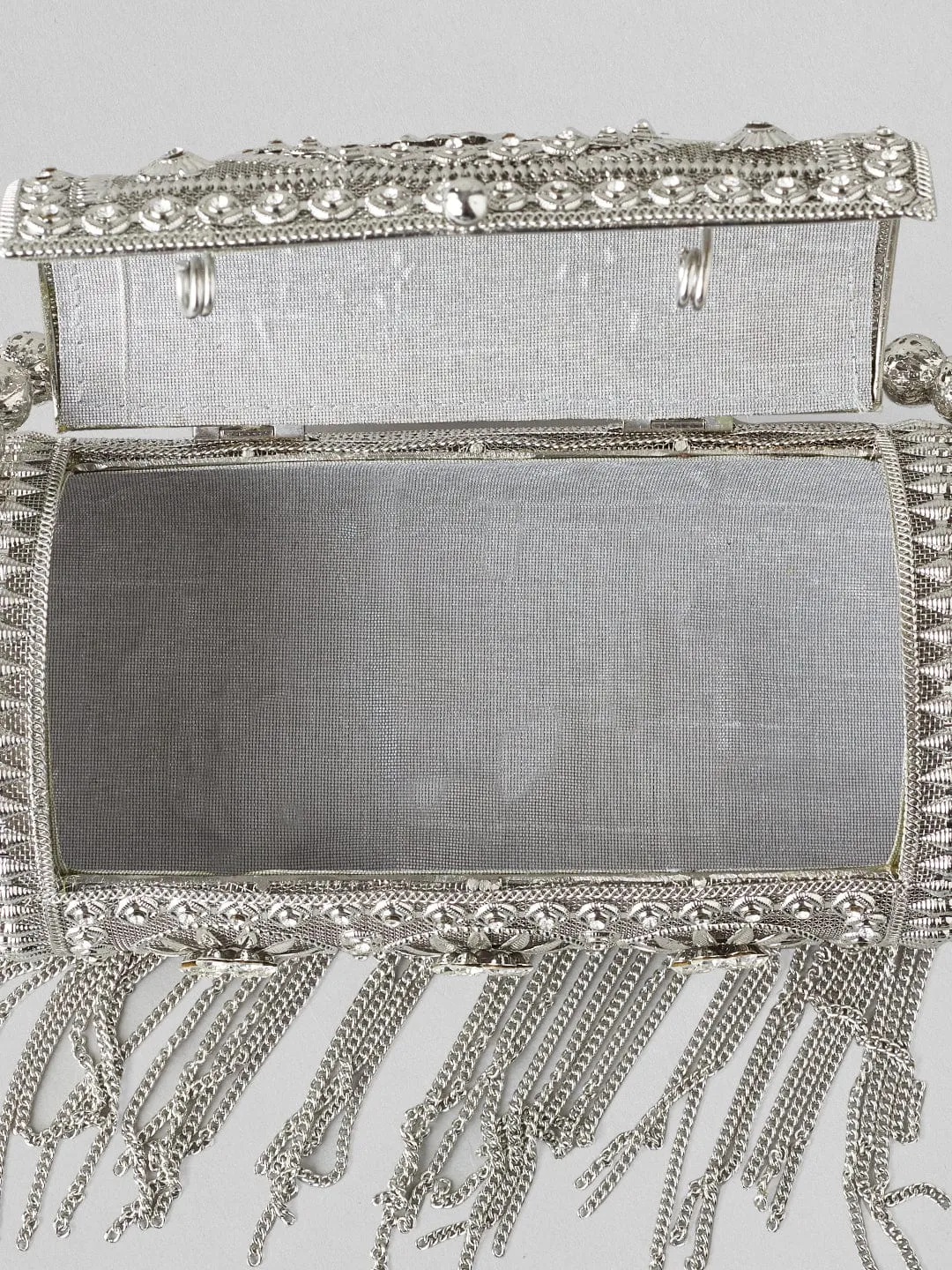 Rubans Silver Colour Bag With Embroided Silver Design.