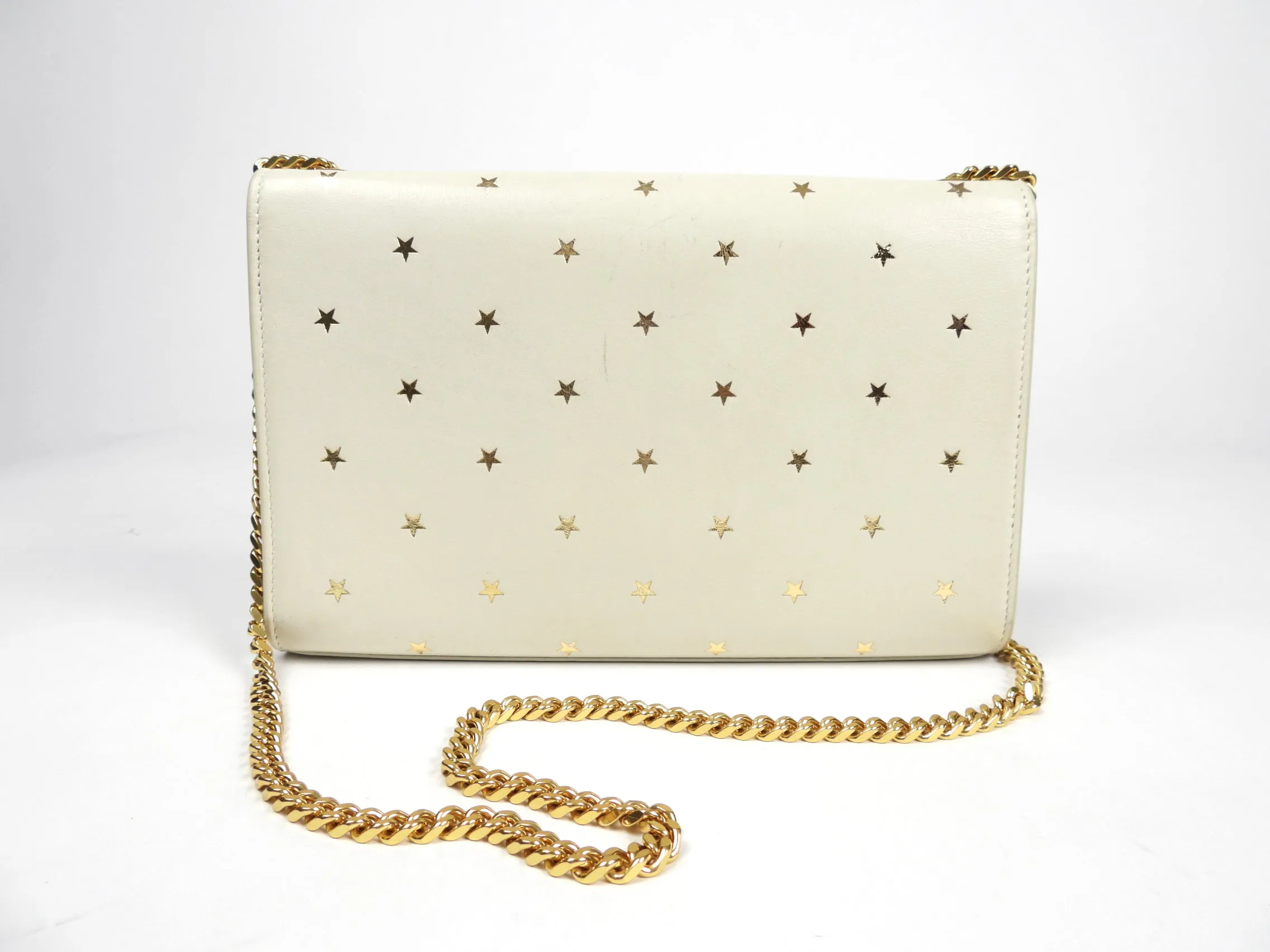 Saint Laurent Kate Chain Bag in Cream Calfskin Leather with Goldtone Stars