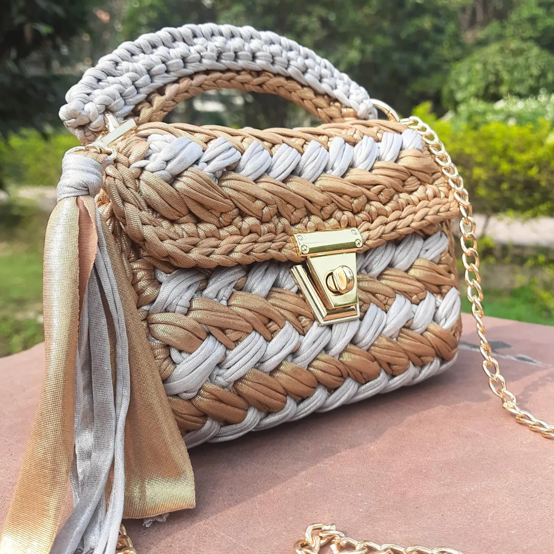 Shiroli Handmade Designer Metallic Mud Gold  & Grey Bag