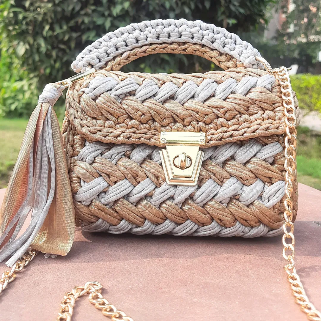 Shiroli Handmade Designer Metallic Mud Gold  & Grey Bag