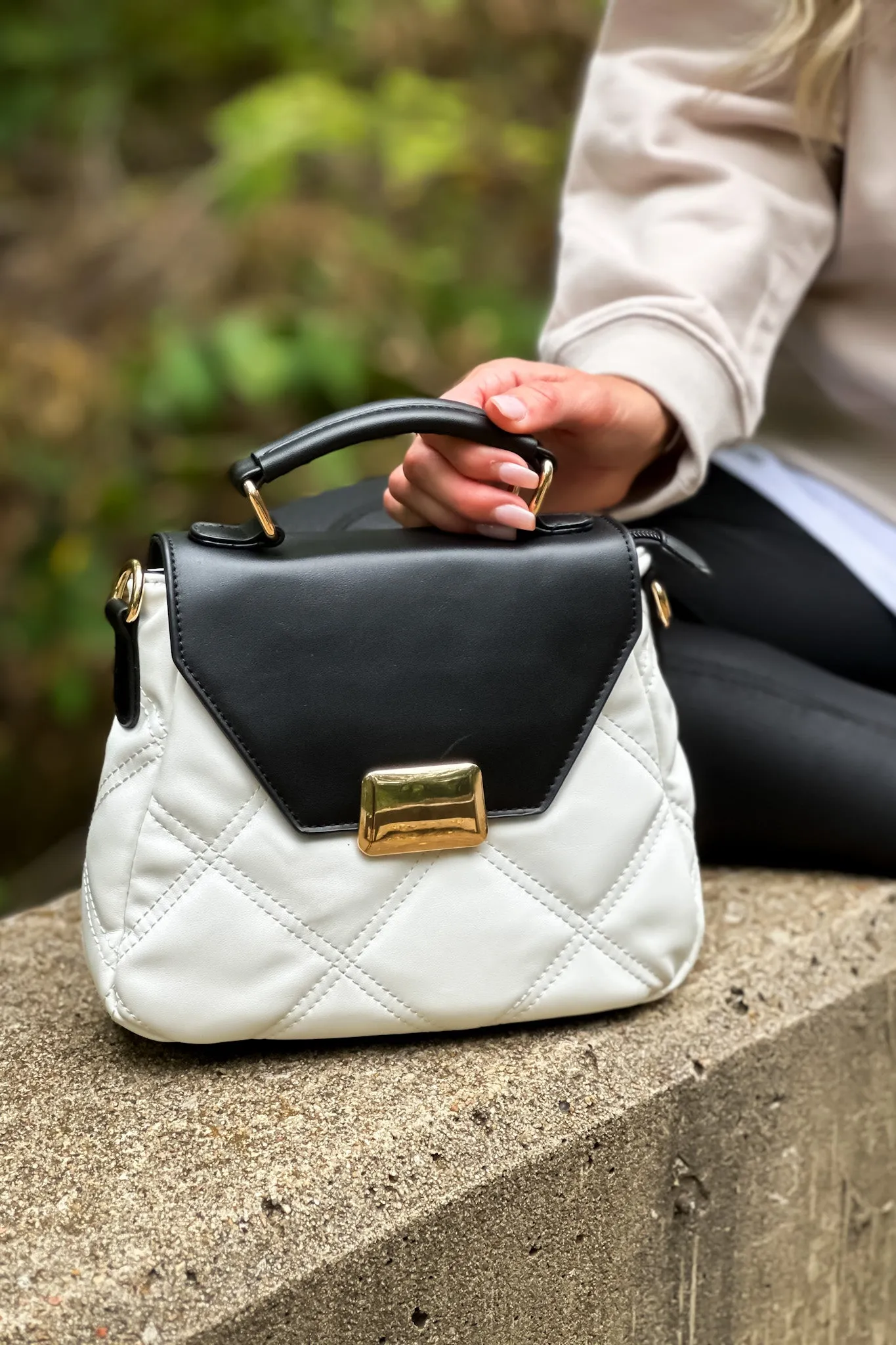 Sydney Quilted Color Block Handbag : Black/Ivory