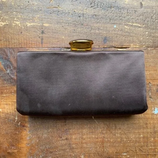 Vintage Brown Satin Clutch with Gold Tone Accents by Evans. 1940s Hollywood Glamour.