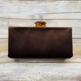 Vintage Brown Satin Clutch with Gold Tone Accents by Evans. 1940s Hollywood Glamour.