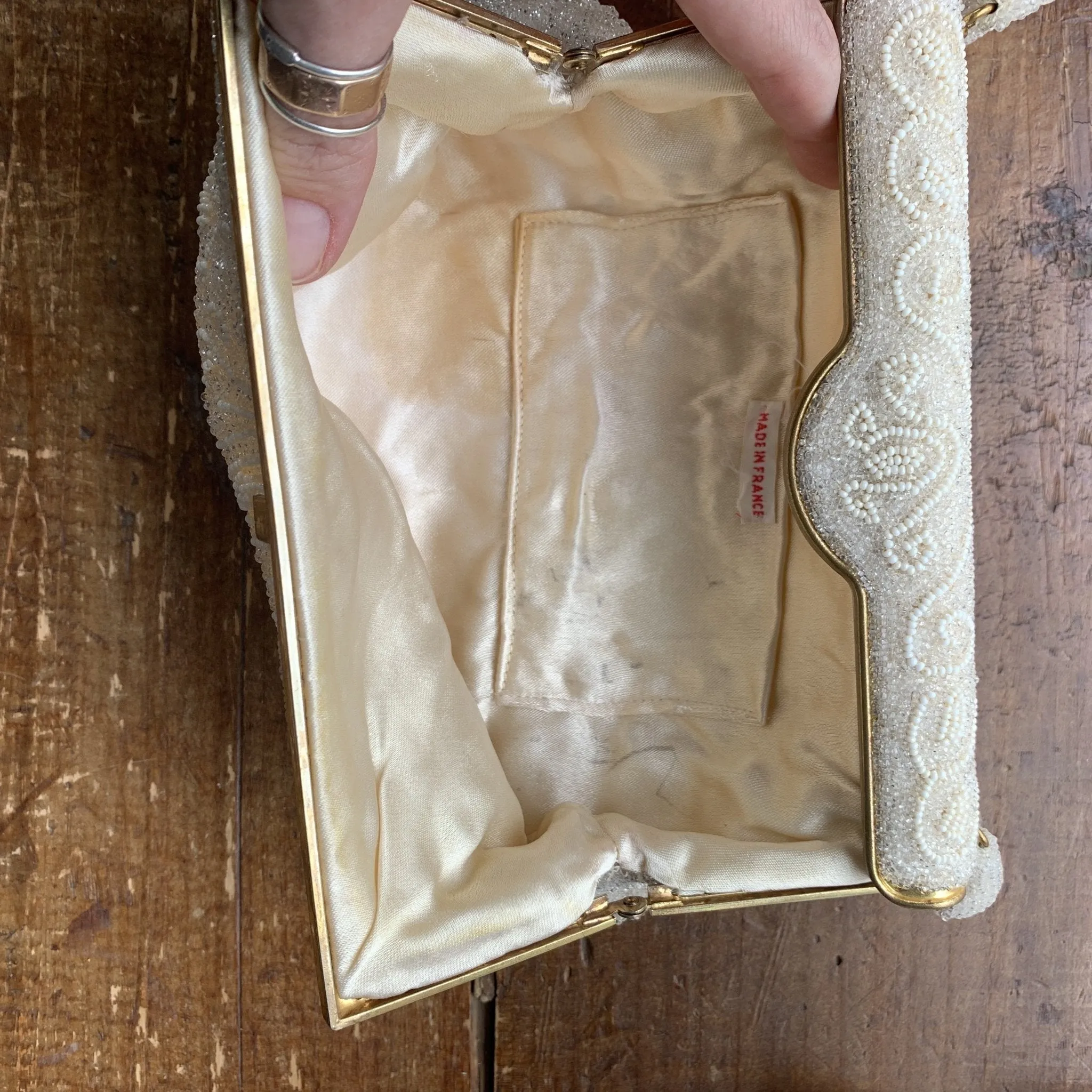 Vintage Cream Beaded Clutch from France. Formal Evening Bag. 1940s Sustainable Fashion Accessory.