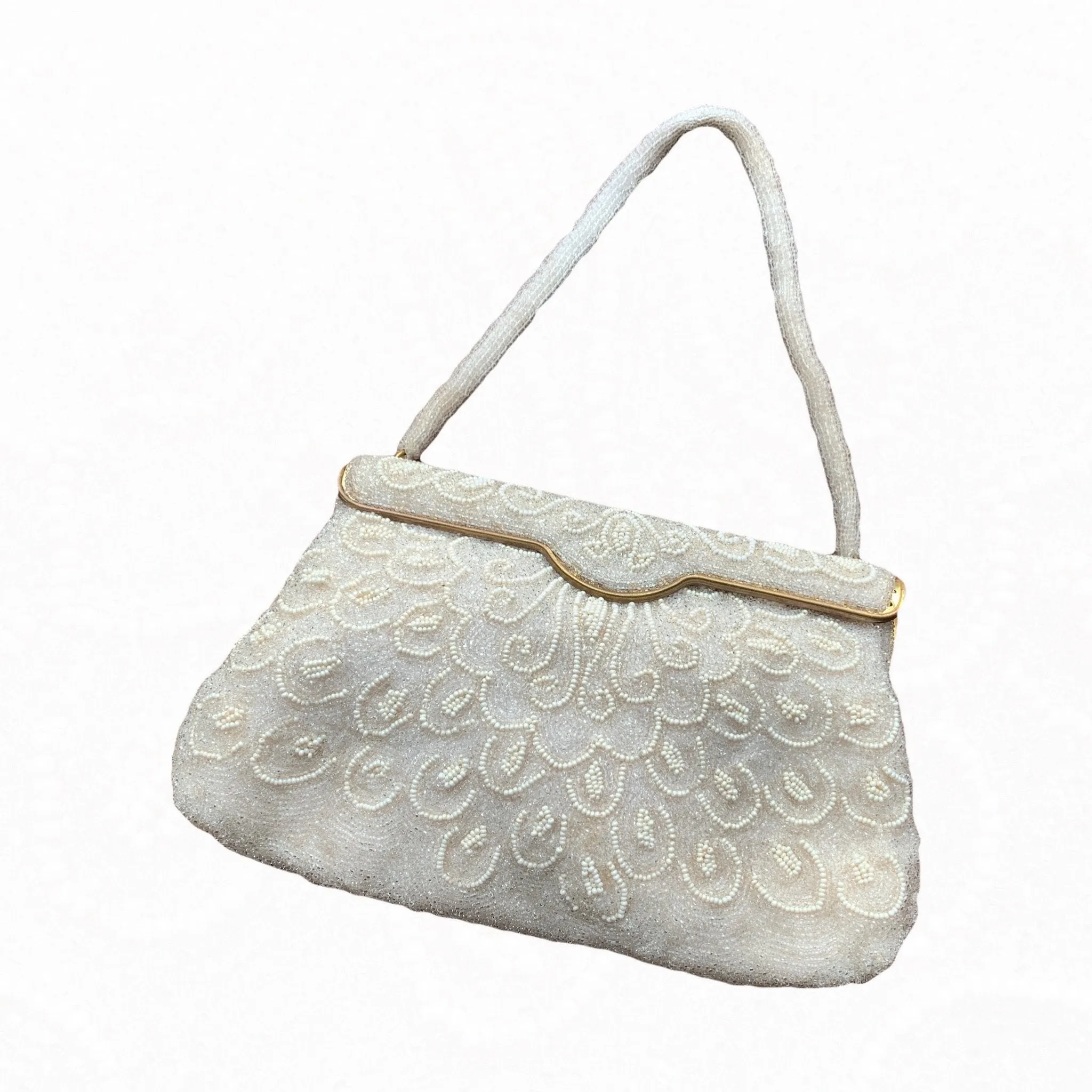 Vintage Cream Beaded Clutch from France. Formal Evening Bag. 1940s Sustainable Fashion Accessory.