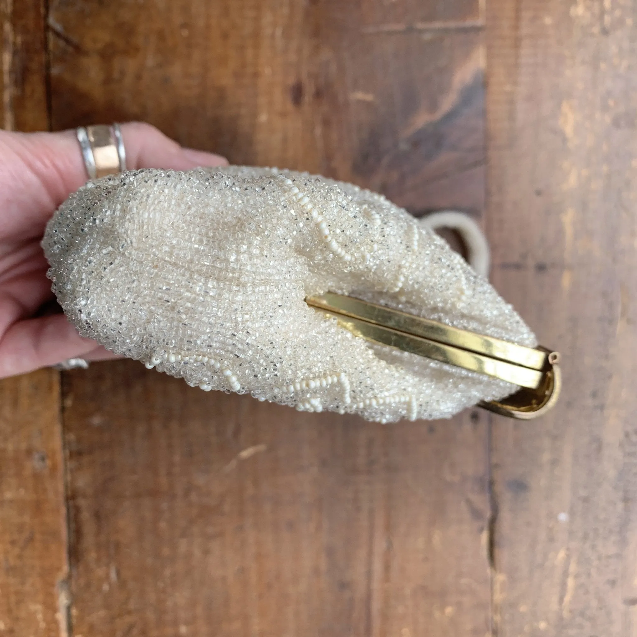 Vintage Cream Beaded Clutch from France. Formal Evening Bag. 1940s Sustainable Fashion Accessory.