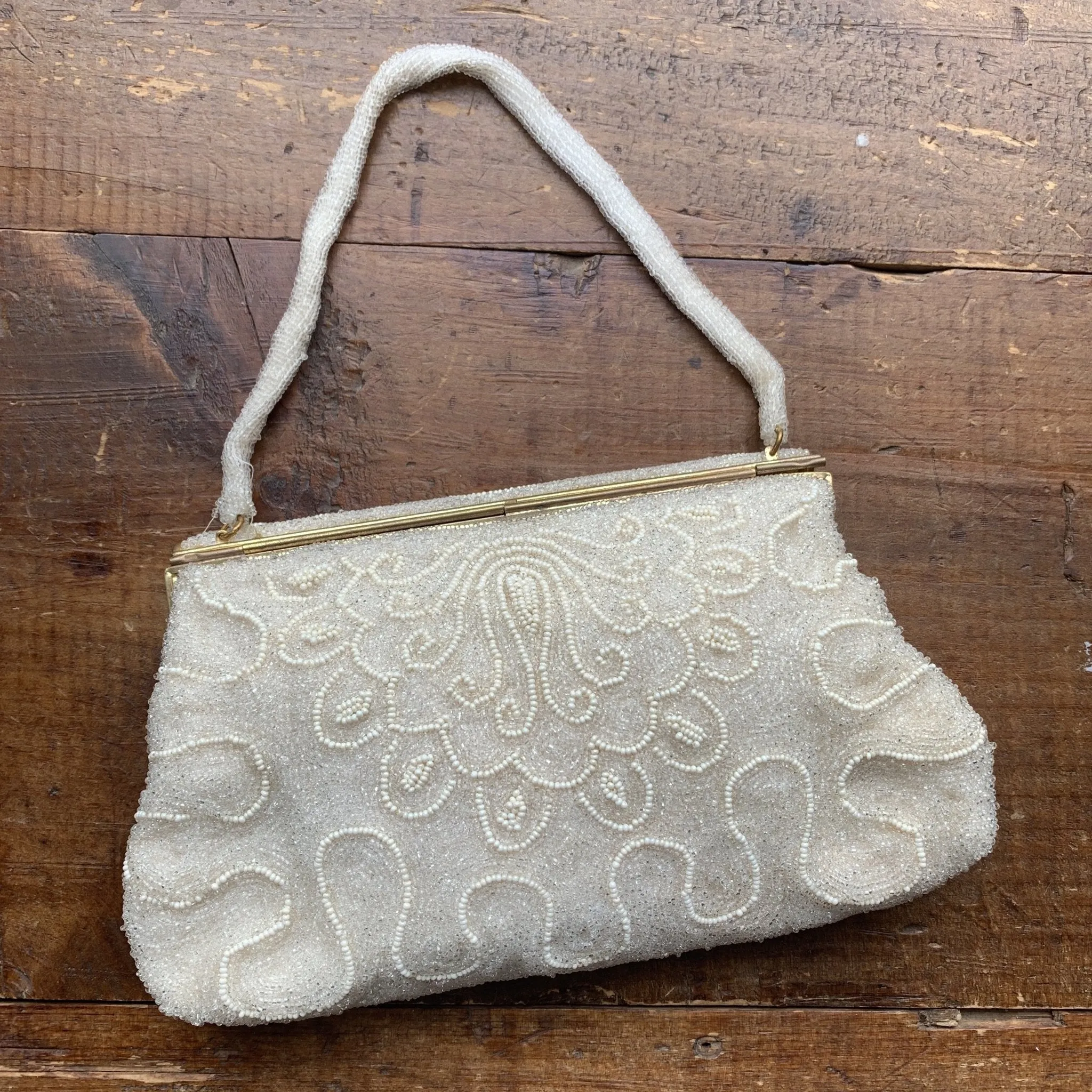 Vintage Cream Beaded Clutch from France. Formal Evening Bag. 1940s Sustainable Fashion Accessory.