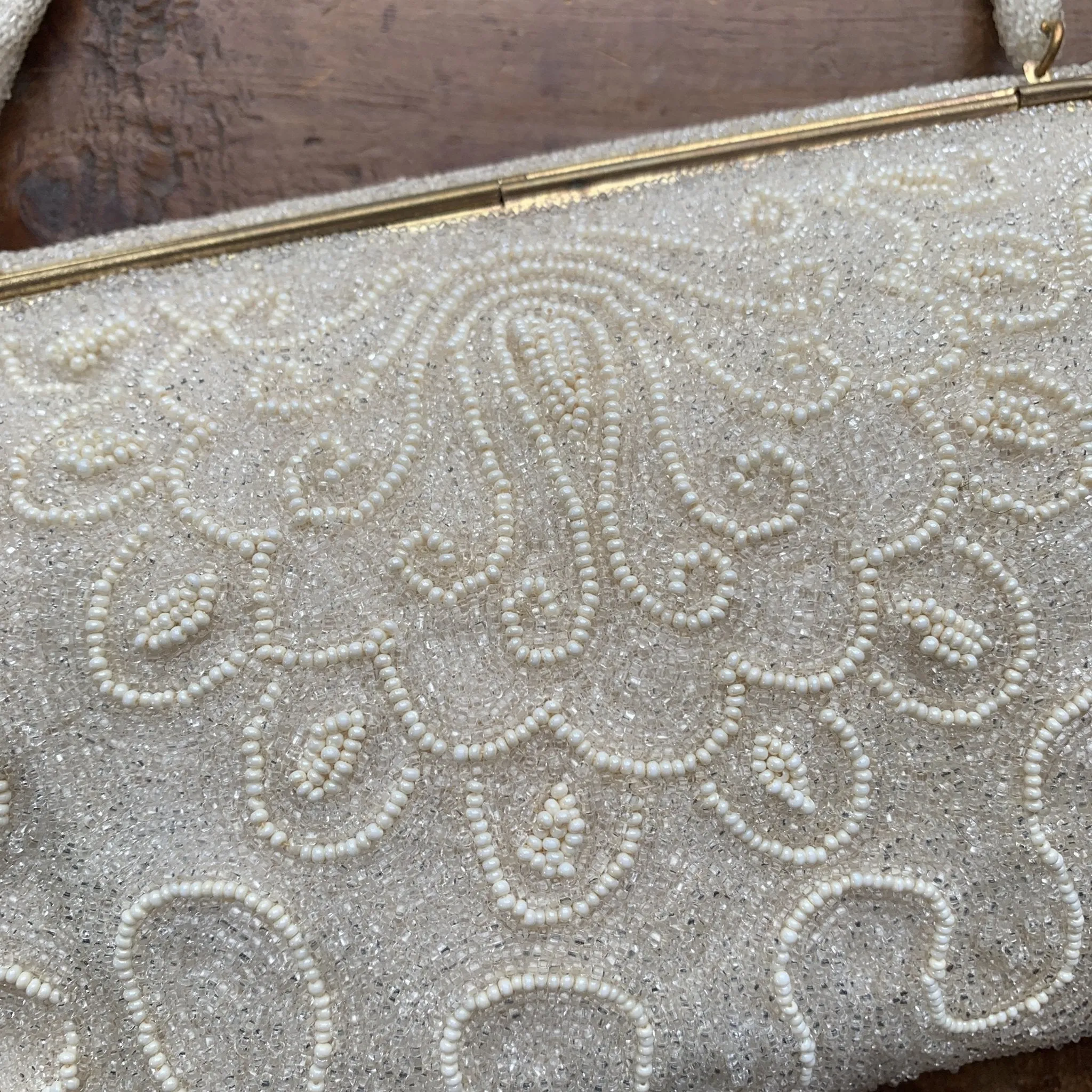 Vintage Cream Beaded Clutch from France. Formal Evening Bag. 1940s Sustainable Fashion Accessory.