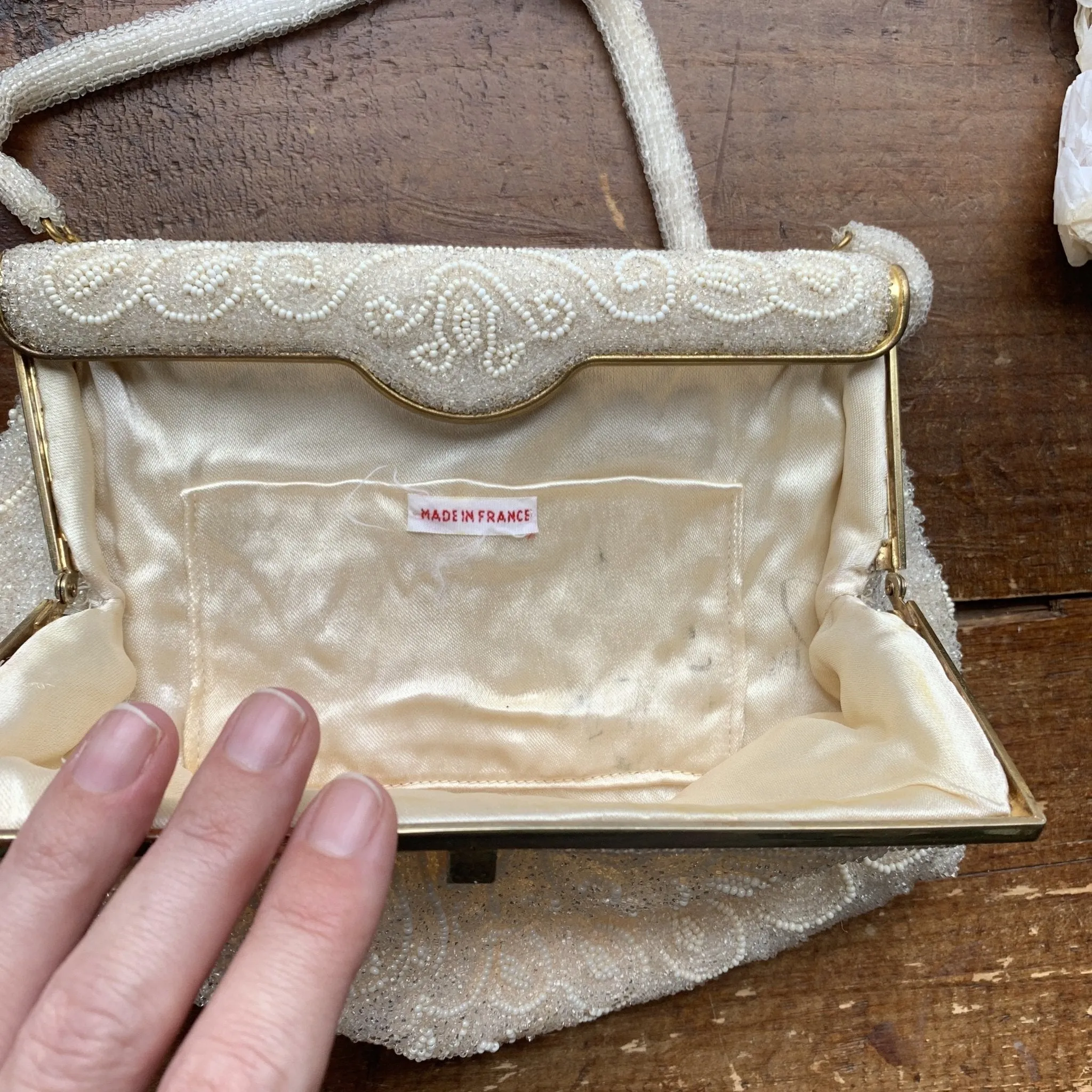 Vintage Cream Beaded Clutch from France. Formal Evening Bag. 1940s Sustainable Fashion Accessory.